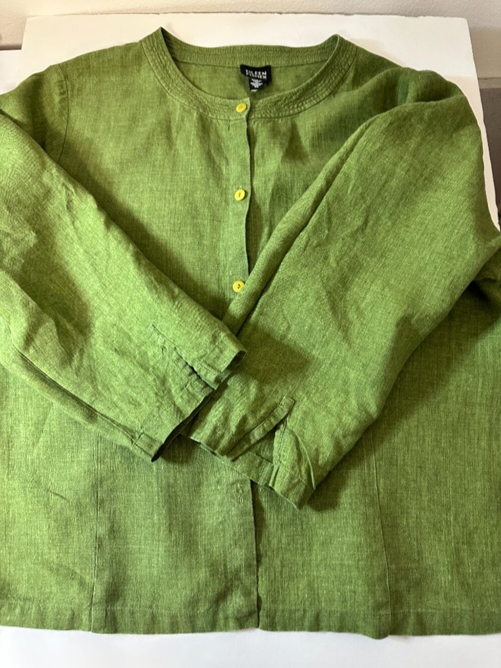 Eileen Fisher XL 100% Irish Linen Green Button Front Jacket Top - Picture 3 of 7